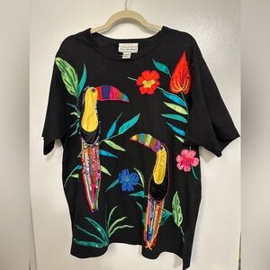 Vintage August Max Woman Size X Tucan Floral Shirt Beading Embroidery Sequins